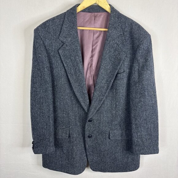 Vintage Harris Tweed Herringbone Sport Coat Blazer Men’s 44S Short Gray Blue - Picture 1 of 8
